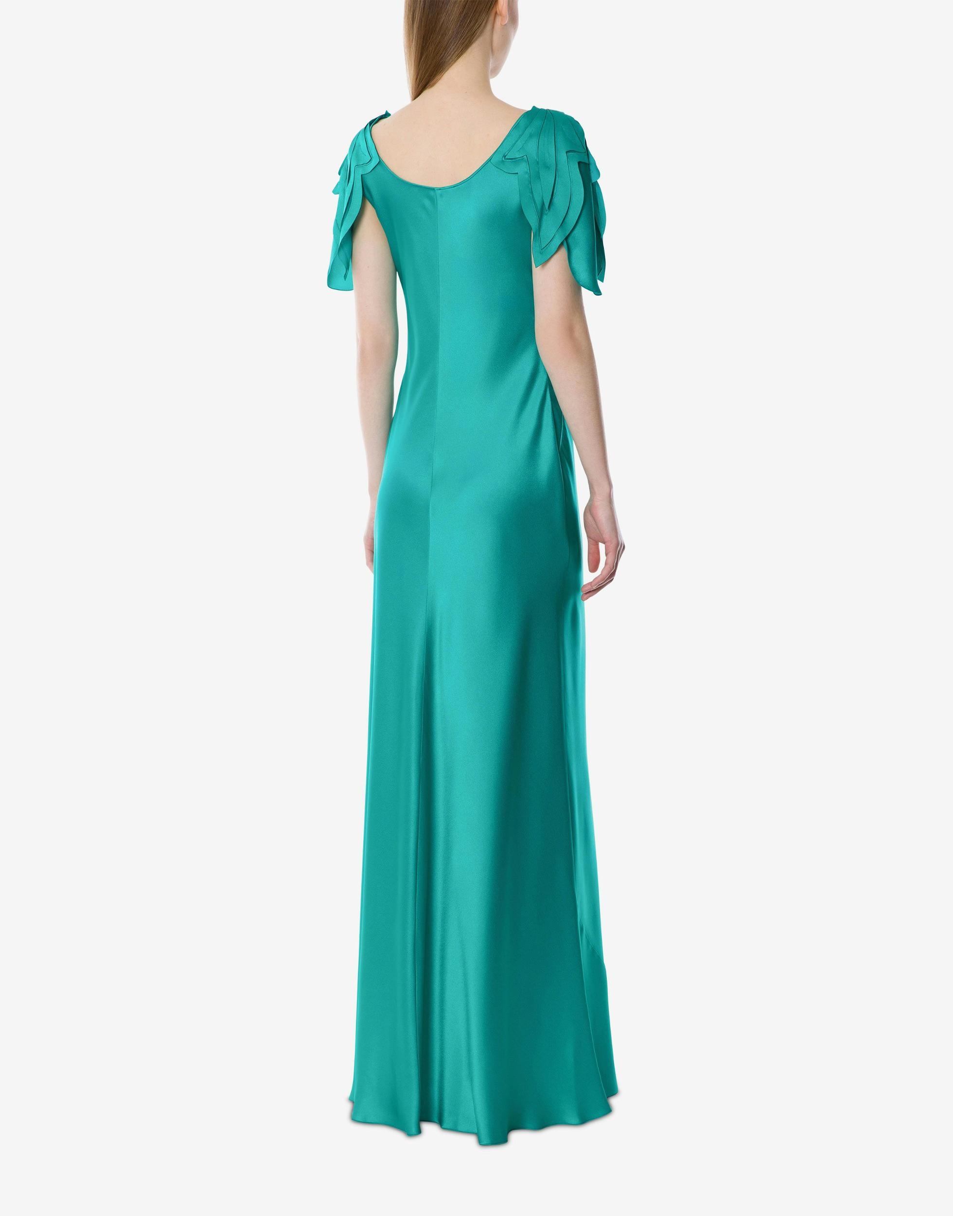 Satin long dress with laser-cut sleeves Product Image