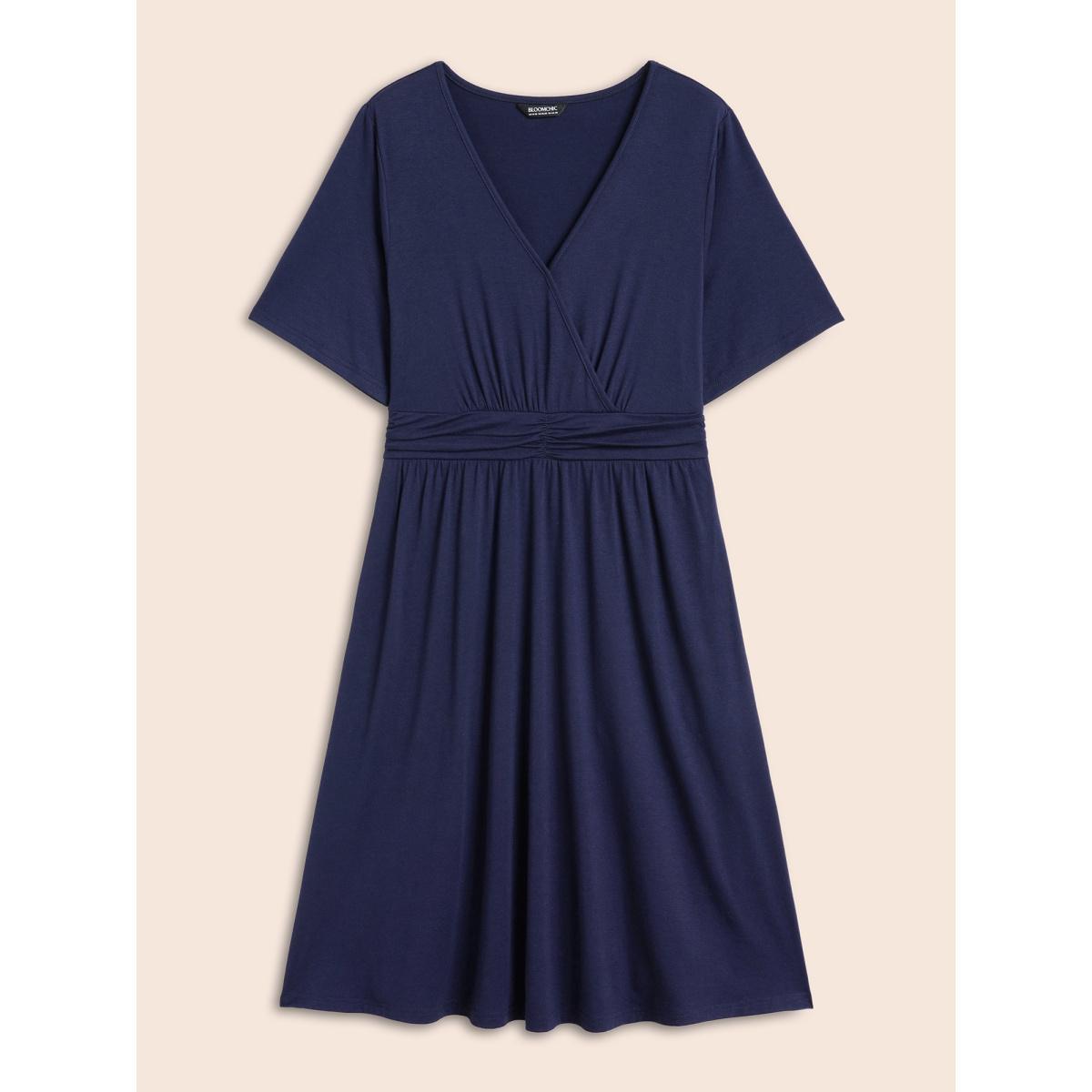 Plus Size Supersoft Essentials Solid Surplice Neck Ruched Front Dress Navy Women Casual Wrap V-neck Short sleeve Curvy Midi Dress BloomChic 18-20/2X Product Image
