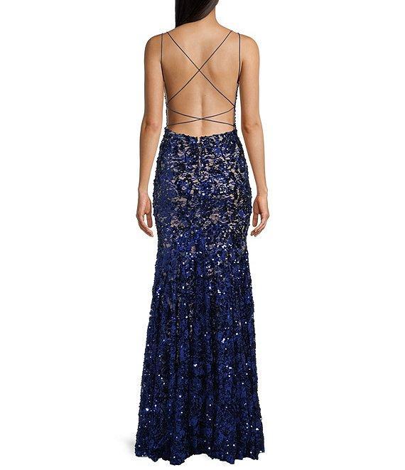 Honey and Rosie Sequins Lace Bungee Strap V-Neck Criss Cross Back Dress Product Image