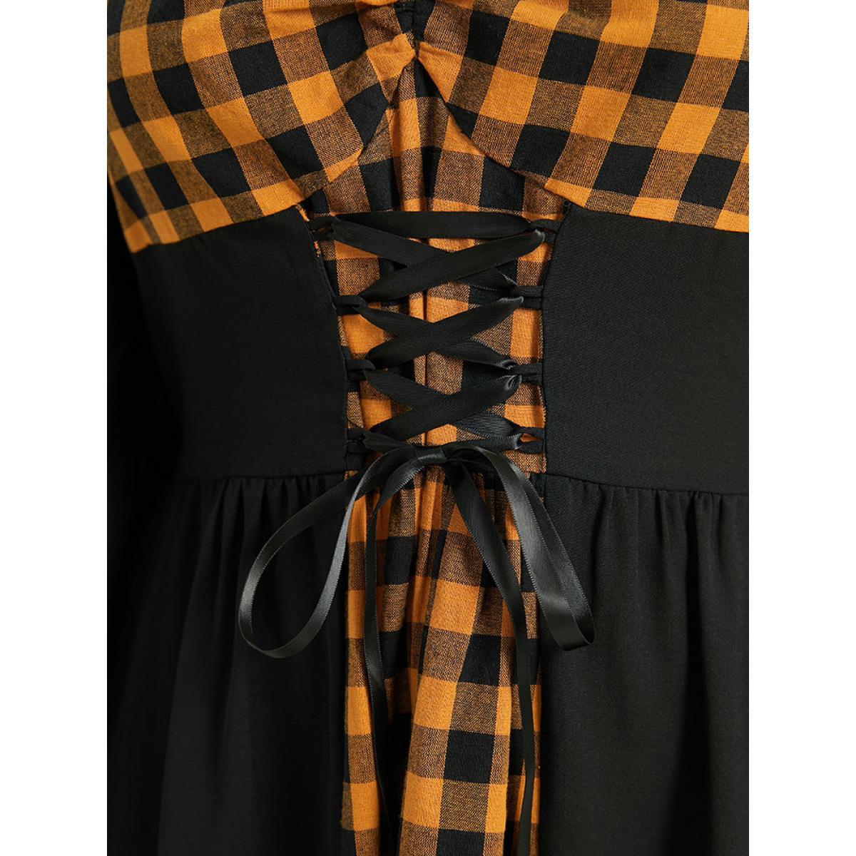 Plus Size Halloween Gingham Patchwork Ruched Ties Dress Black Women Casual Cross straps Square Neck Long Sleeve Curvy Midi Dress BloomChic 30/6X Product Image