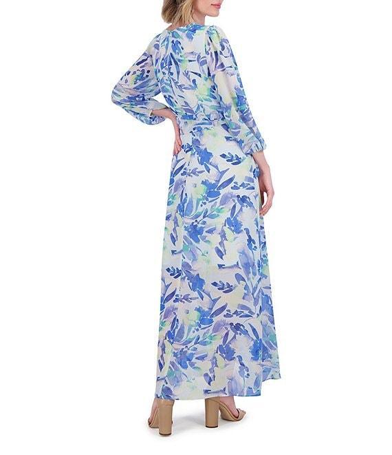 Eliza J Chiffon Floral Print V Neck Long Sleeve Waist Tie Belt A-Line Dress Product Image