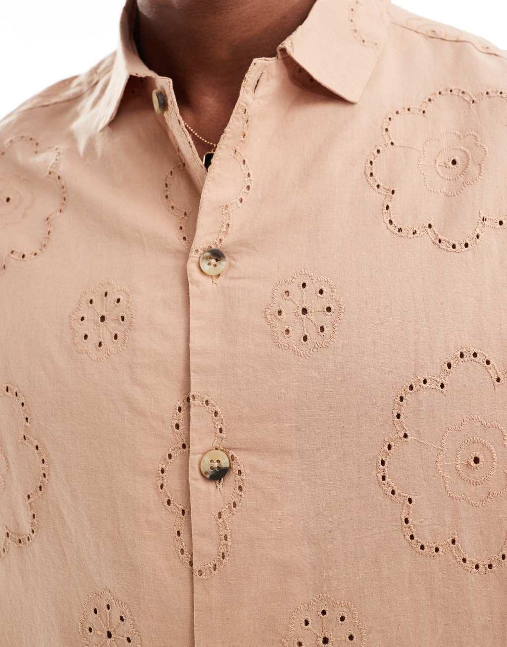 ASOS DESIGN oversized eyelet shirt in light brown  Product Image