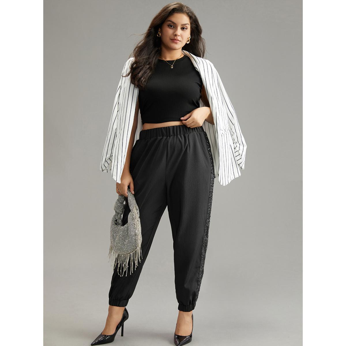 Plus Size Solid Sequin Patchwork Pocket Pants Women Black Glamour Harem High Rise Going out Pants BloomChic 30/6X Product Image