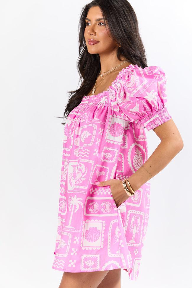 Shore-ly Yours Pink and White Icon Print Dress SALE Product Image