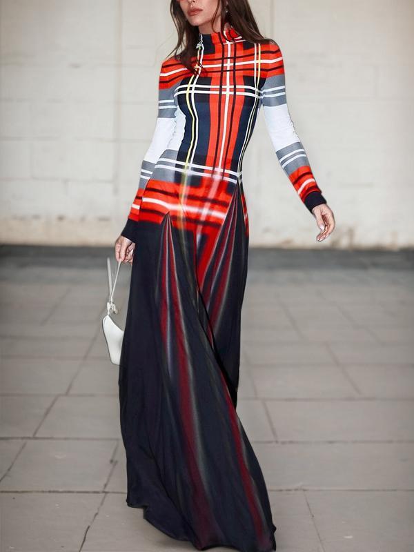 Long Sleeves Contrast Color Pleated Mock Neck Maxi Dresses Product Image