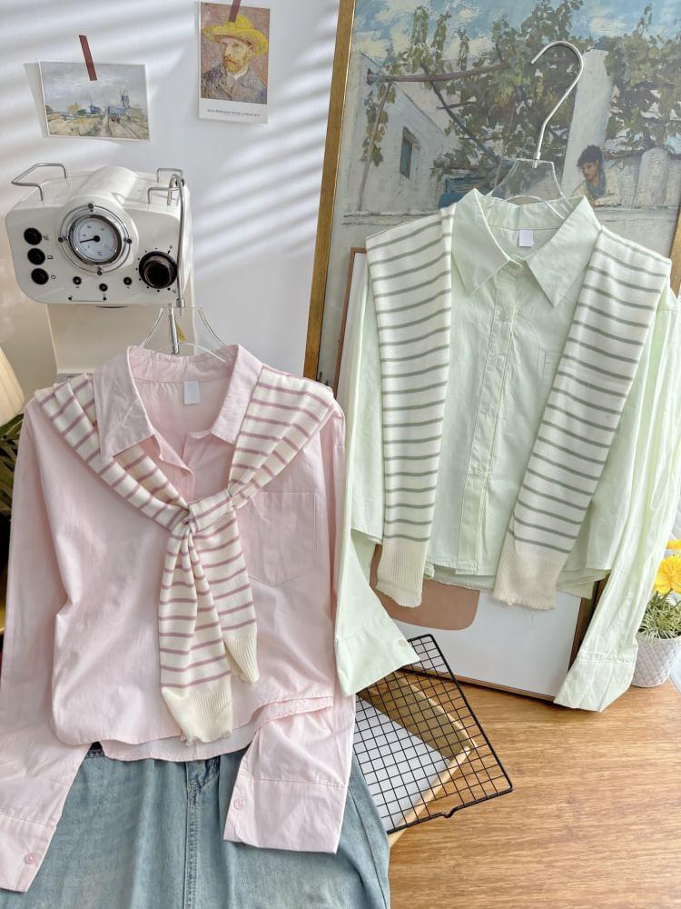 Set: Long-Sleeve Plain Button-Up Crop Shirt + Striped Knit Shawl Product Image