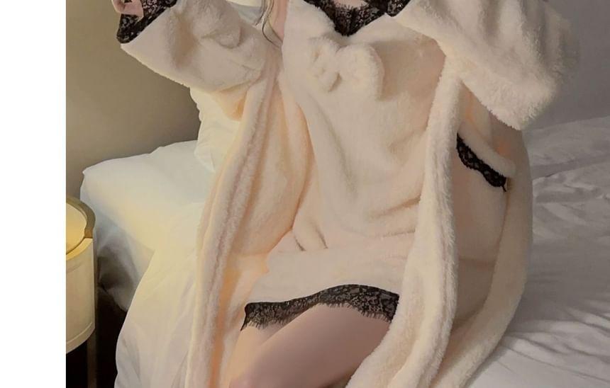Sleeveless V-Neck Bow Accent Contrast Lace Trim Fleece Nightdress / Pajama Robe / Set Product Image