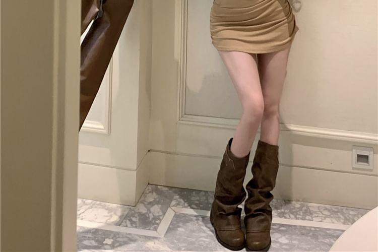 Long Sleeve V-Neck Plain Ruched Mini Sheath Dress / Band Collar Plain Faux Leather Crop Button Jacket Product Image