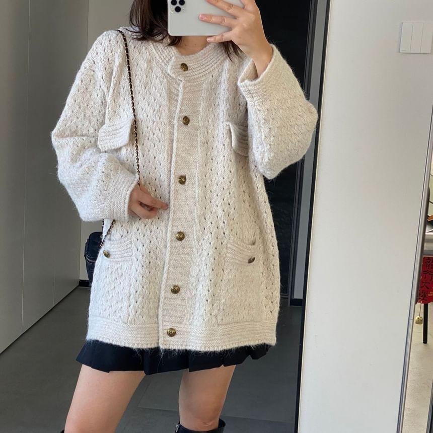 Round Neck Plain Button Oversized Knitted Cardigan Product Image