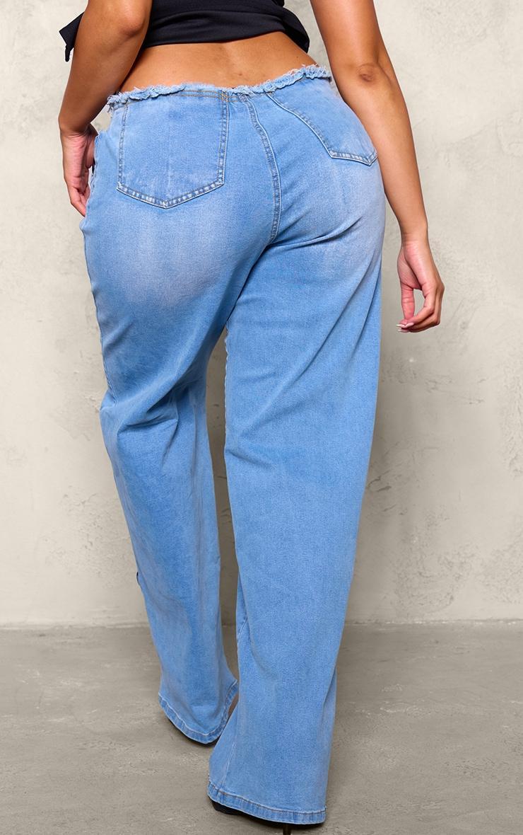Shape Light Blue Denim Lace Up Front Raw Waist Wide Leg Jeans Product Image