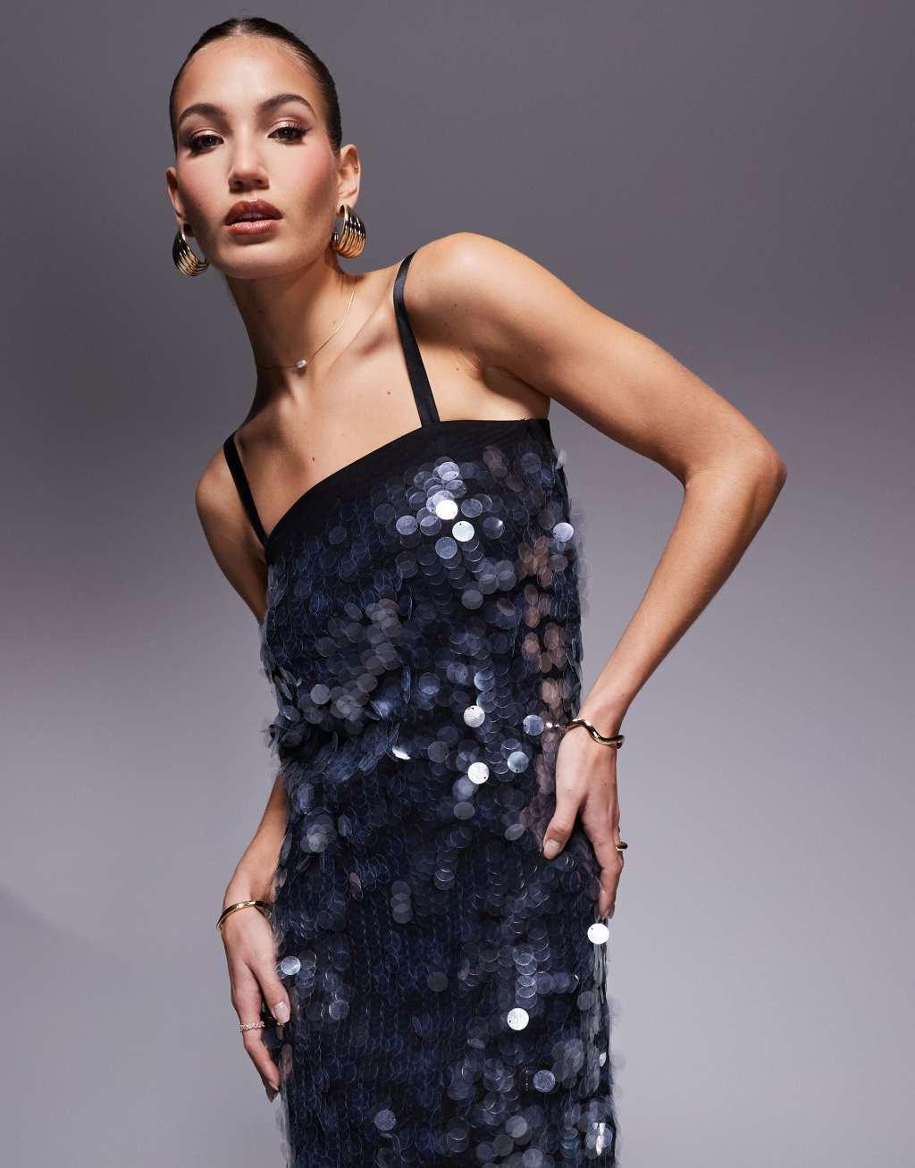 River Island sequin midi slip dress in black Product Image