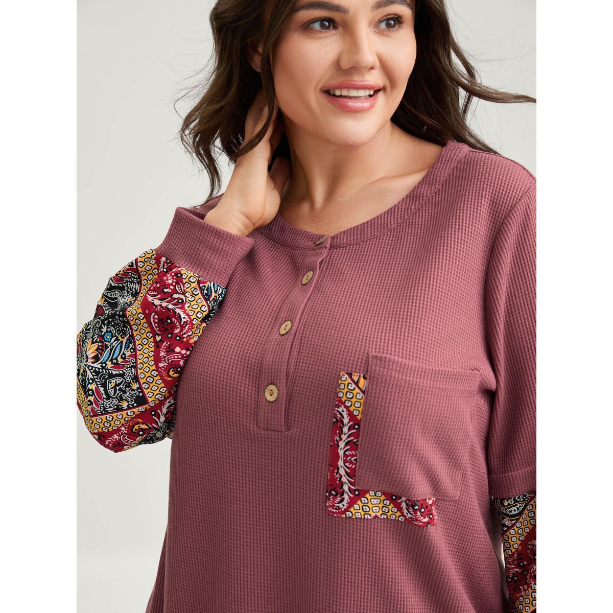 Plus Size Waffle Grid Contrast Paisley Solid Sleeve Sweatshirt Women DustyPink Texture Round Neck Everyday-Casual Sweatshirts BloomChic 26/4X Product Image