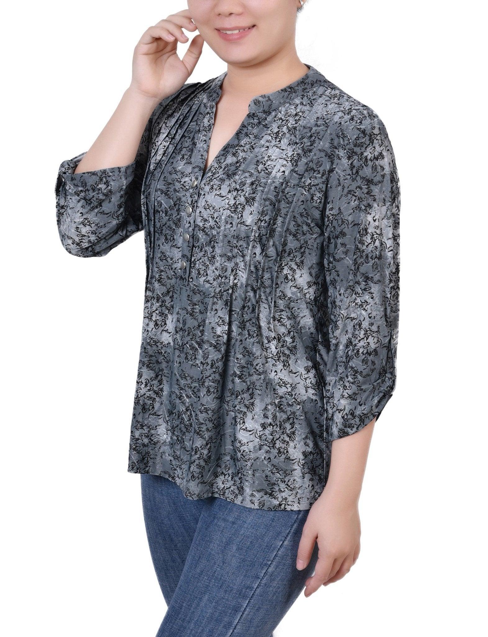 Grey Floral 3/4 Sleeve Roll Tab Y Neck Top - Petite Product Image