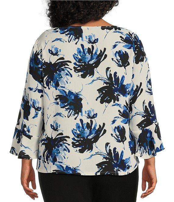 Investments Plus Size Woven Expressive Blooms 3/4 Ruffle Sleeve Cowl Neck Top Product Image