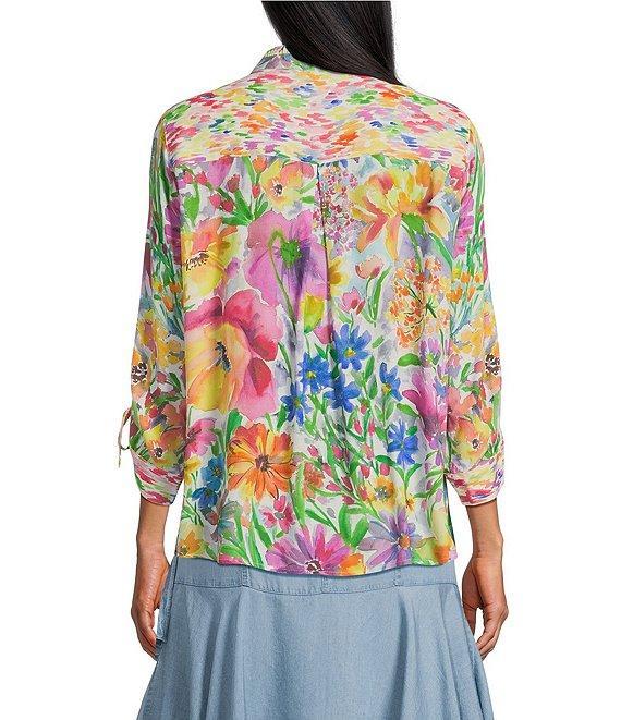 John Mark Watercolor Floral Print Ruffle Neck 3/4 Cinched Tie Sleeve Top Product Image