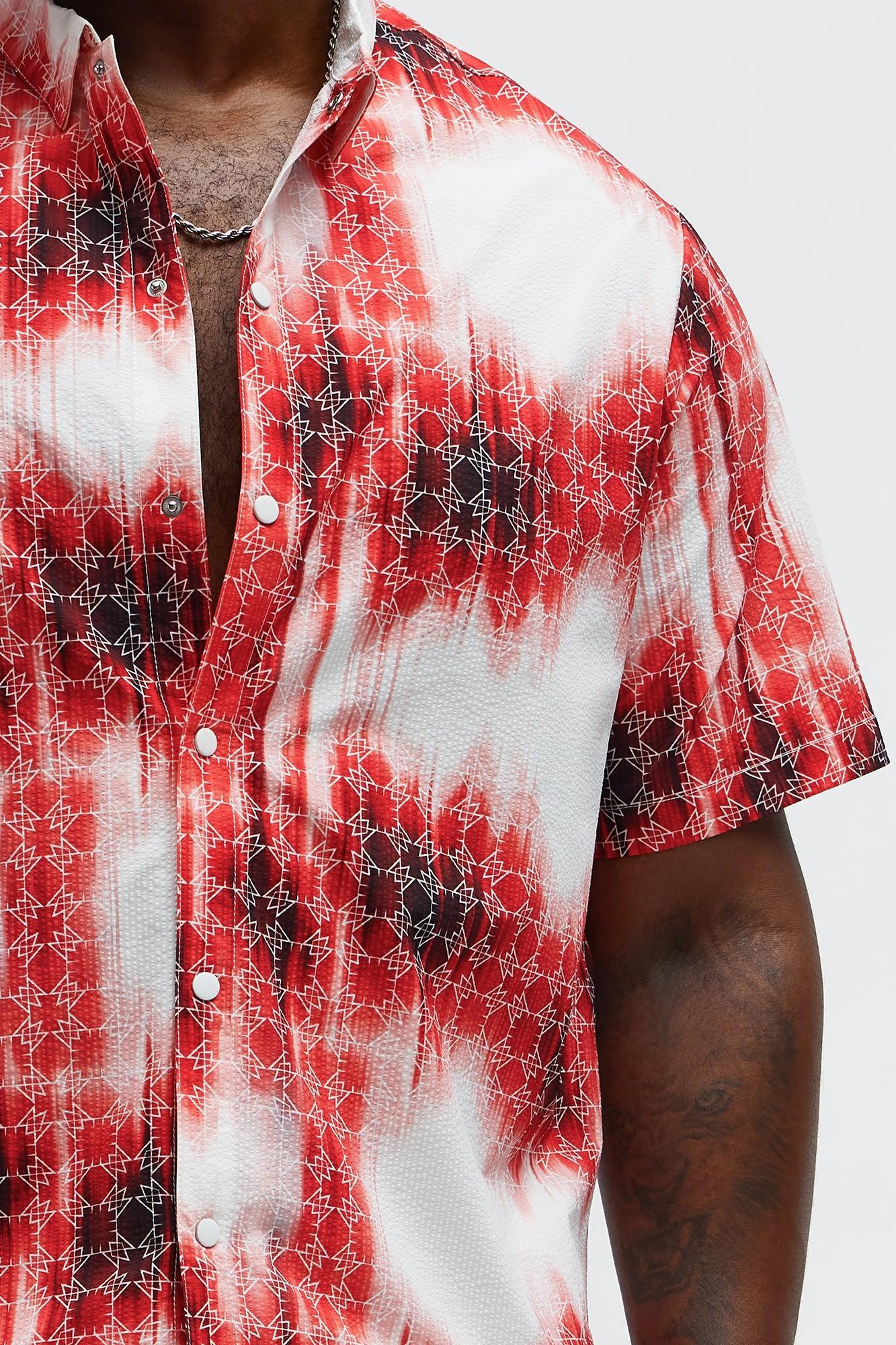 Seersucker Tie Dye Printed Closed Collar Shirt - Red/combo Product Image