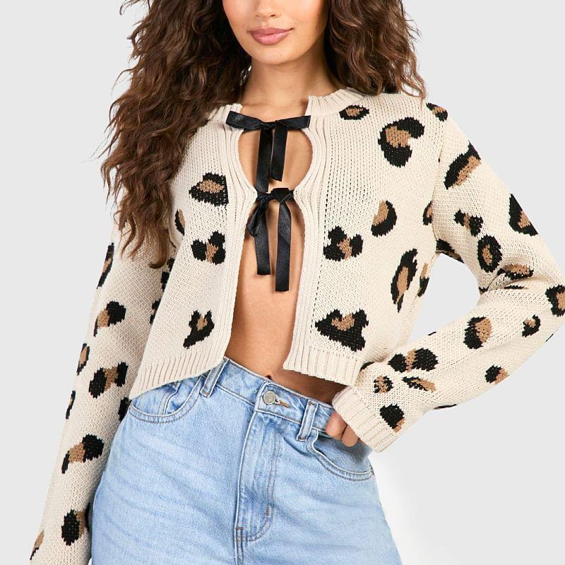 Long Sleeve Leopard Print Tie-Front Crop Cardigan Product Image
