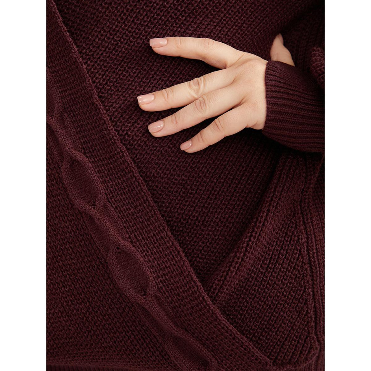 Plus Size Solid Pointelle Knit Surplice Neck Cable Knit Top Scarlet Women Elegant Loose Long Sleeve Overlap Collar Dailywear Pullovers BloomChic 22-24/3X Product Image