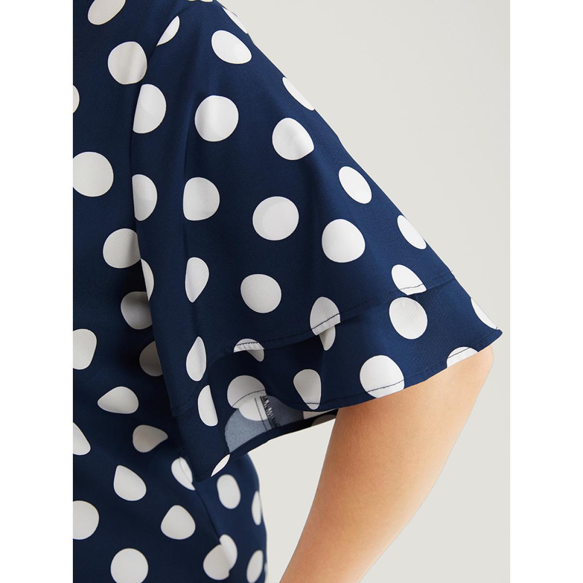 Plus Size Indigo Polka Dot Ruffle Tiered Sleeve Blouse Women Office Short sleeve Round Neck Work Blouses BloomChic 12/L Product Image