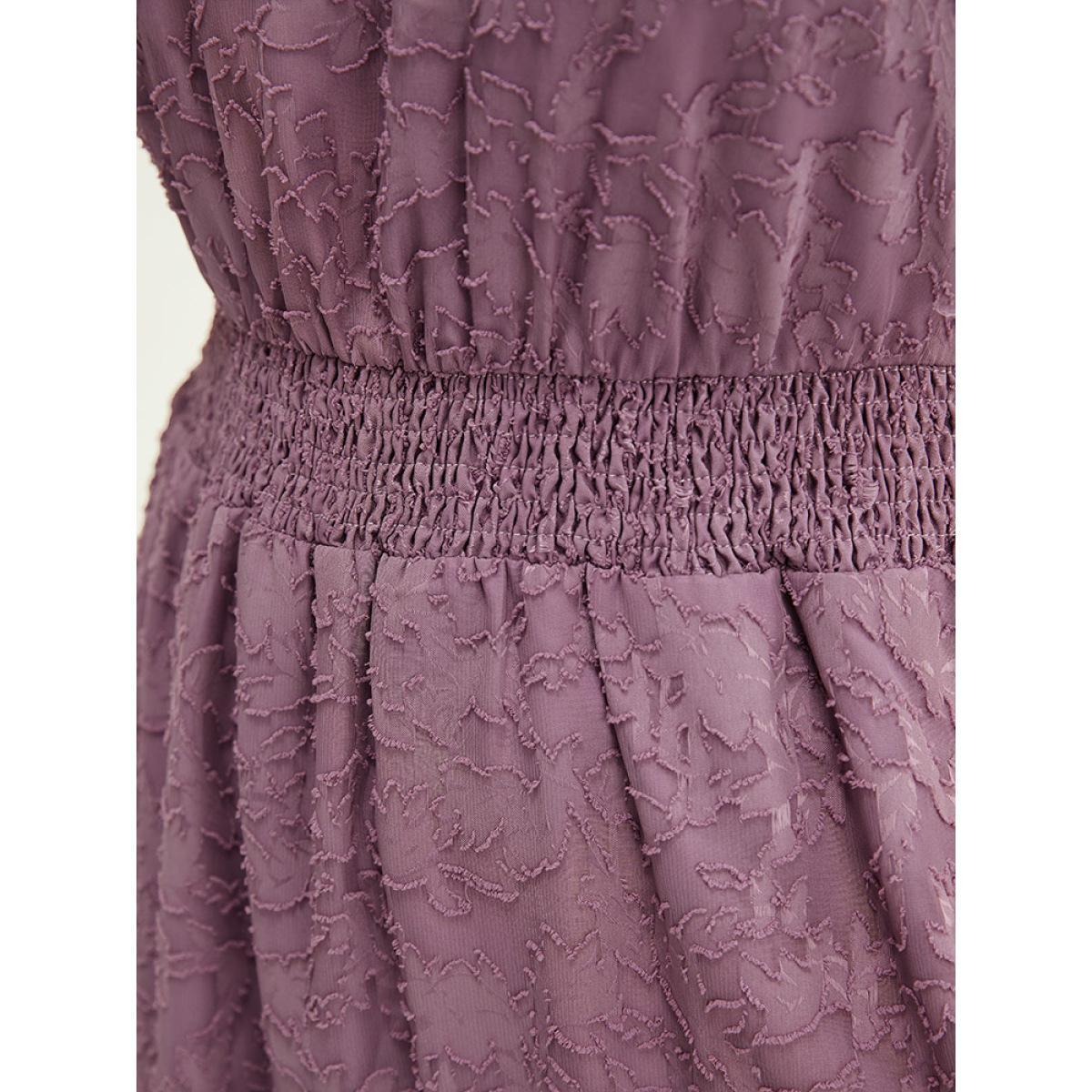 Plus Size Plain V Neck Pocket Shirred Ruffle Tiered Floral Dress Mauve Women Elegant Gathered V-neck Short sleeve Curvy Midi Dress BloomChic 10/M Product Image