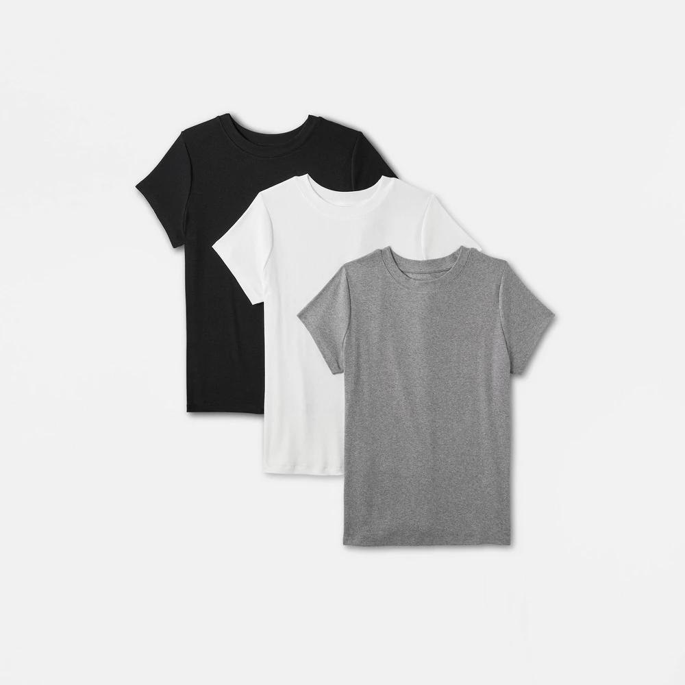 Womens Slim Fit Short Sleeve Ribbed 3pk Bundle T-Shirt - A New Day /White/Gray S: Cotton Modal Blend, Crew Neck, Knit Fabric Product Image