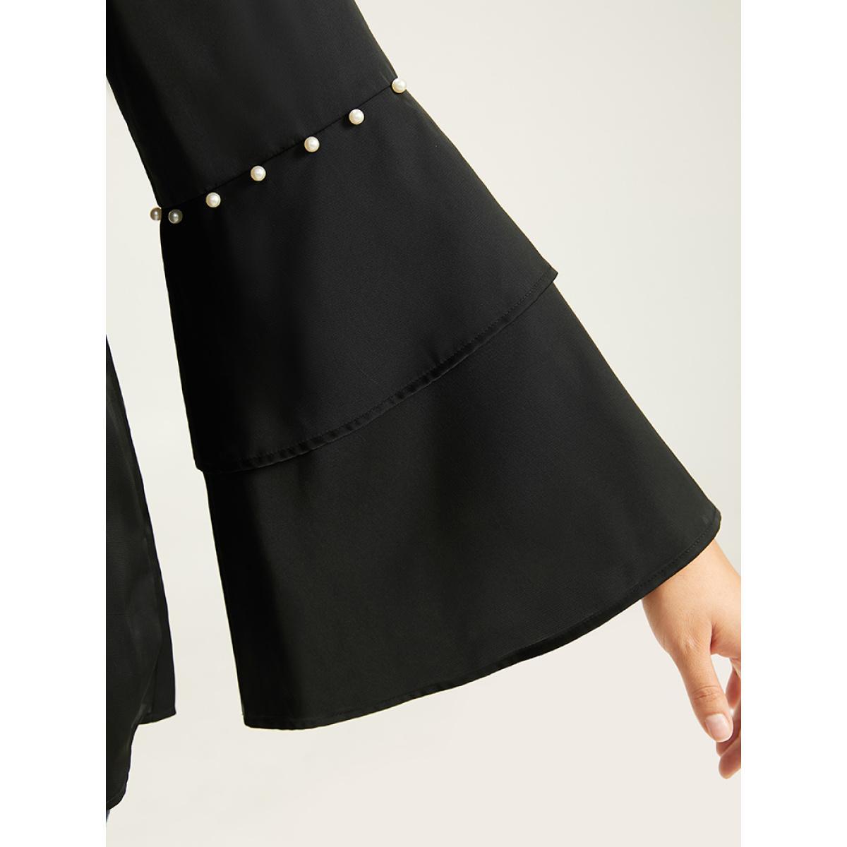 Plus Size Black Anti-Wrinkle Pearl Beaded Ruffle Layered Sleeve Blouse Women Glamour Long Sleeve Round Neck Going out Blouses BloomChic 26/4X Product Image
