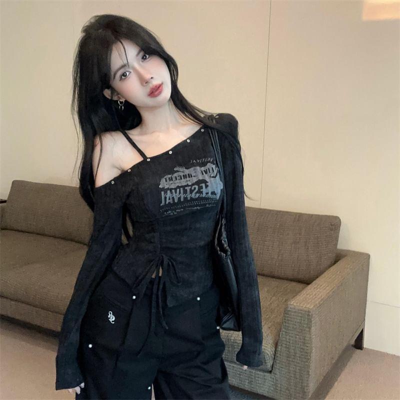 Long-Sleeve Cold Shoulder Lettering Print Asymmetrical Drawstring Slit Top Product Image
