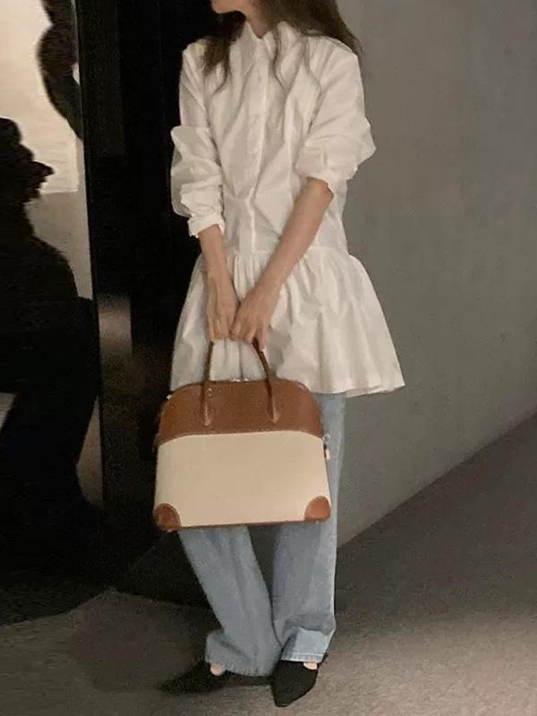 A-Line Long Sleeves Buttoned Pleated Solid Color Lapel Mini Dresses Shirt Dress Product Image