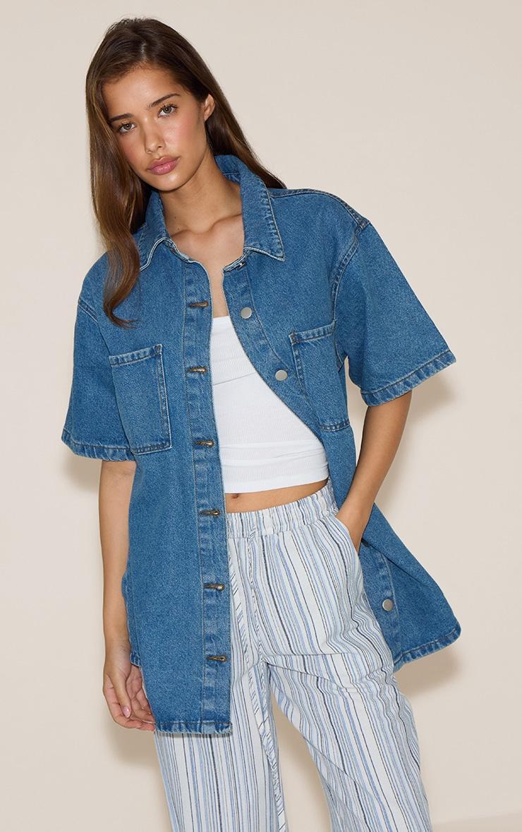 Mid Blue Wash Pocket Detail Oversized Denim Shirt  Product Image