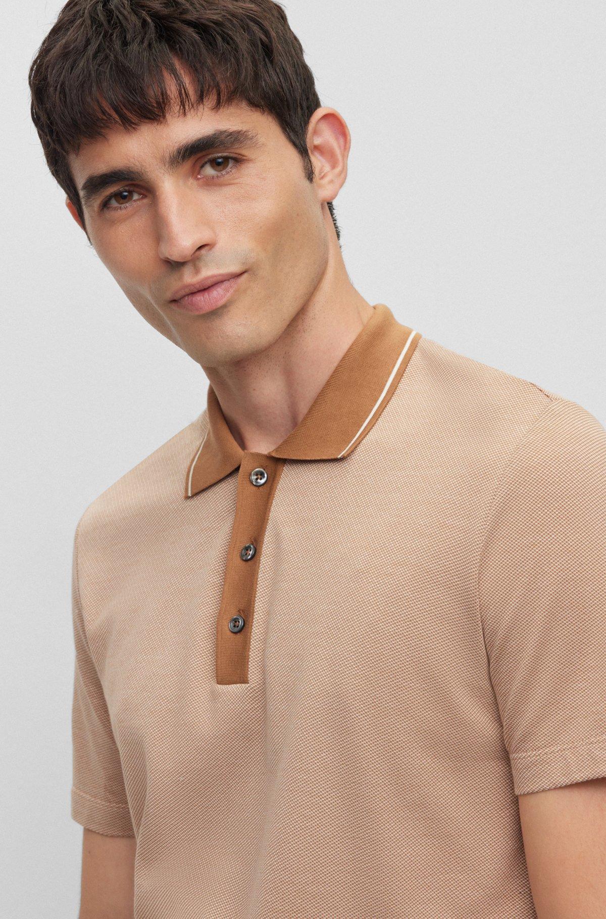 BOSS - Slim-fit polo shirt in structured cotton and silk - Beige Product Image