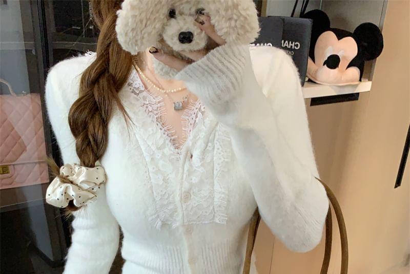 V-Neck Plain Lace Panel Button-Up Cardigan Product Image