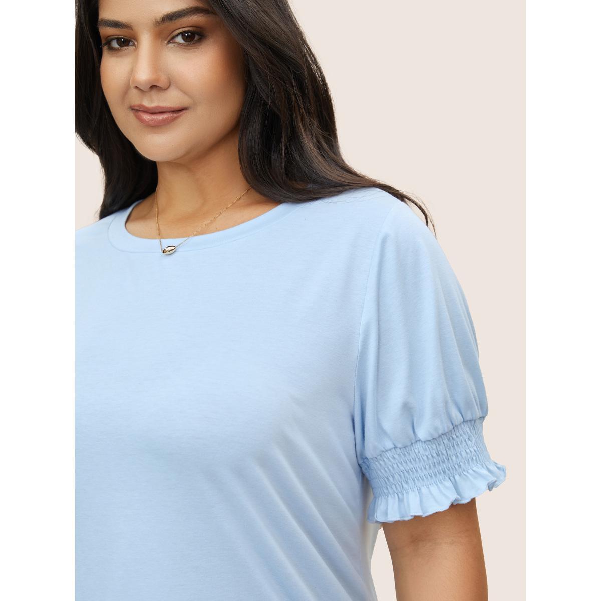 Plus Size Round Neck Solid Shirred Puff Sleeve T-shirt LightBlue Women Elegant Shirred Round Neck Everyday T-shirts BloomChic 28/5X Product Image