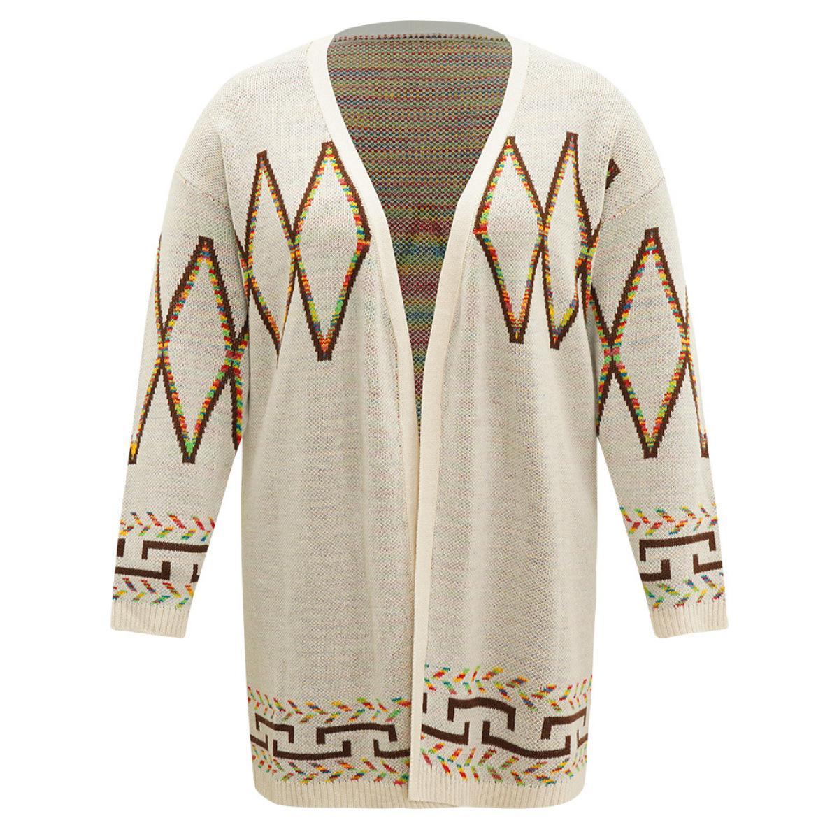 Plus Size Boho Geometric Print Open Front Cardigan Beige Women Casual Loose Long Sleeve Everyday Cardigans BloomChic 26/4X Product Image