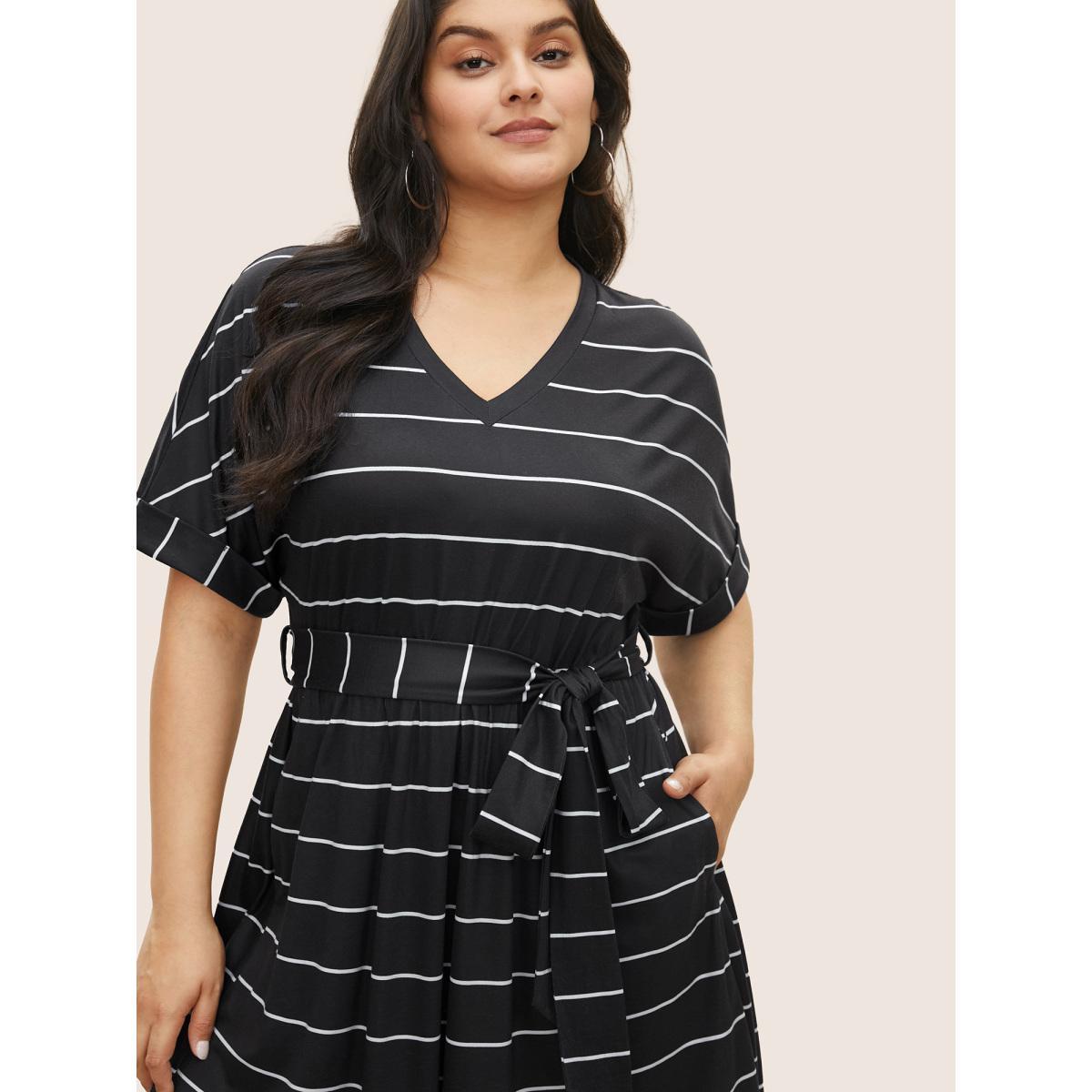 Plus Size Striped Batwing Cuffed Sleeve Belted Dress Black Women Casual Belted V-neck Half Sleeve Curvy Midi Dress BloomChic 26/4X Product Image