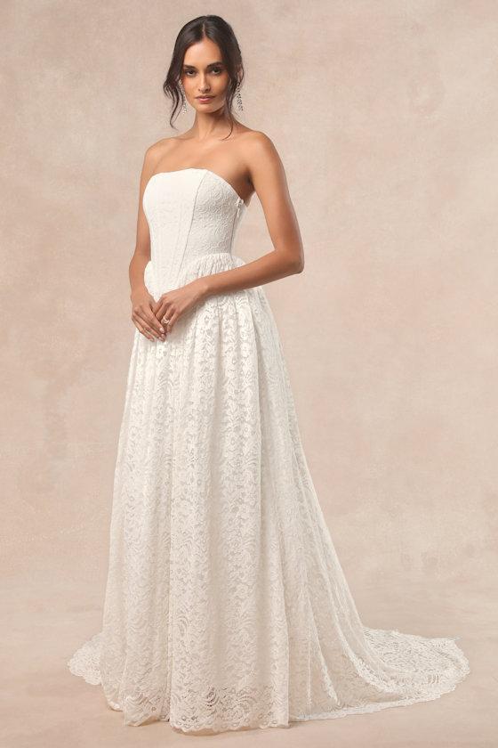 Shiori White Lace Bustier Basque Waist Strapless Maxi Dress Product Image