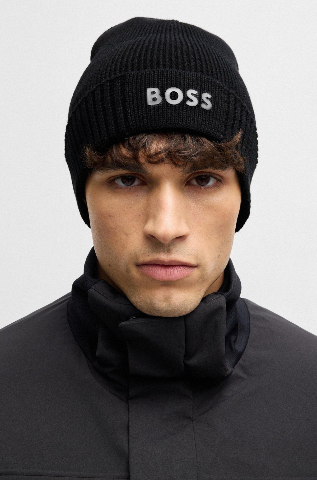 BOSS - Logo-detail beanie hat in cotton and virgin wool - Black Product Image