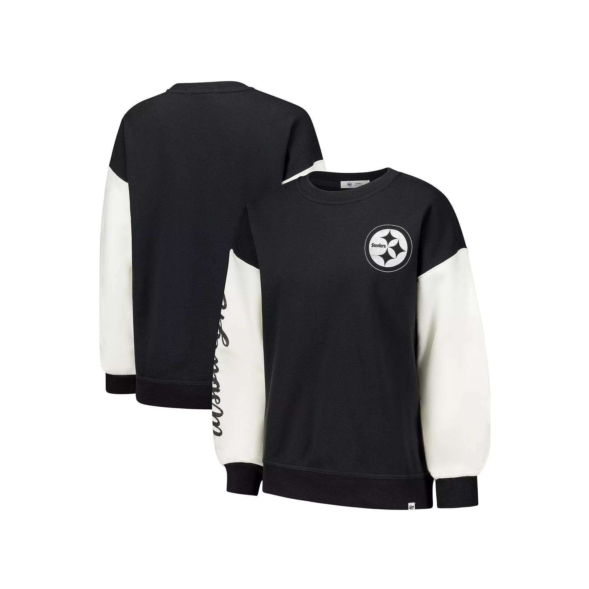 Women's '47  Black Pittsburgh Steelers Double Header Rise Andie Pullover Sweatshirt, Size: Large Product Image