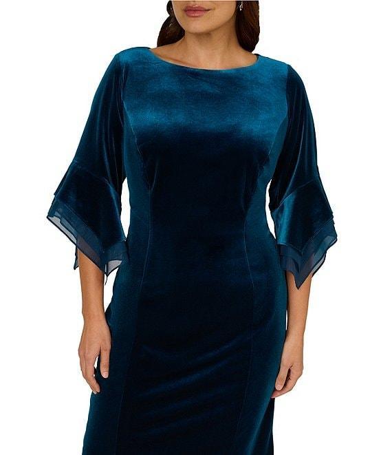 Adrianna Papell Plus Size Stretch Velvet Boat Neck 3/4 Tiered Bell Sleeve Sheath Dress Product Image
