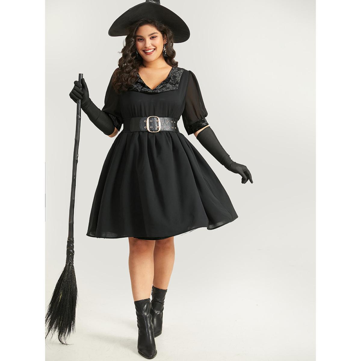 Plus Size Halloween Plain Lapel Collar Lantern Sleeve Mesh Dress Black Women Elegant See through V-neck Half Sleeve Curvy Knee Dress BloomChic 12/L Product Image