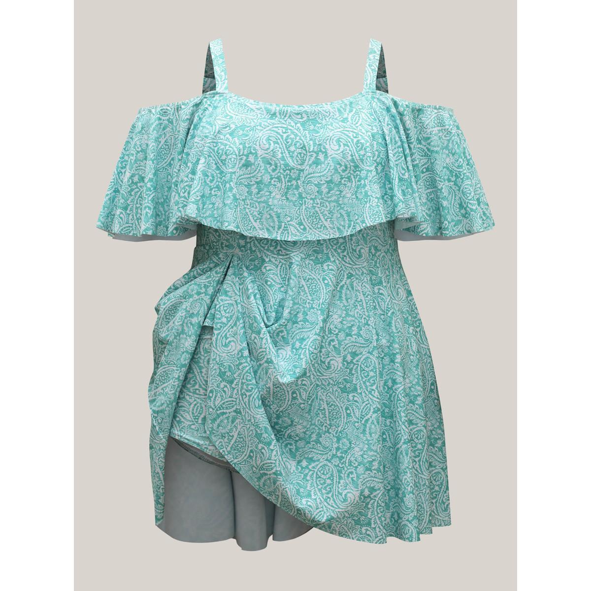 Plus Size Anti-Float Tie Paisley Print Swim Dress Women's Swimwear Malachitegreen Beach Bodycon One-shoulder neck High stretch Curve Swim Dresses BloomChic 22-24/3X Product Image