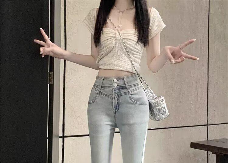 High Waist Washed Bow Lace Trim Flared Jeans Product Image