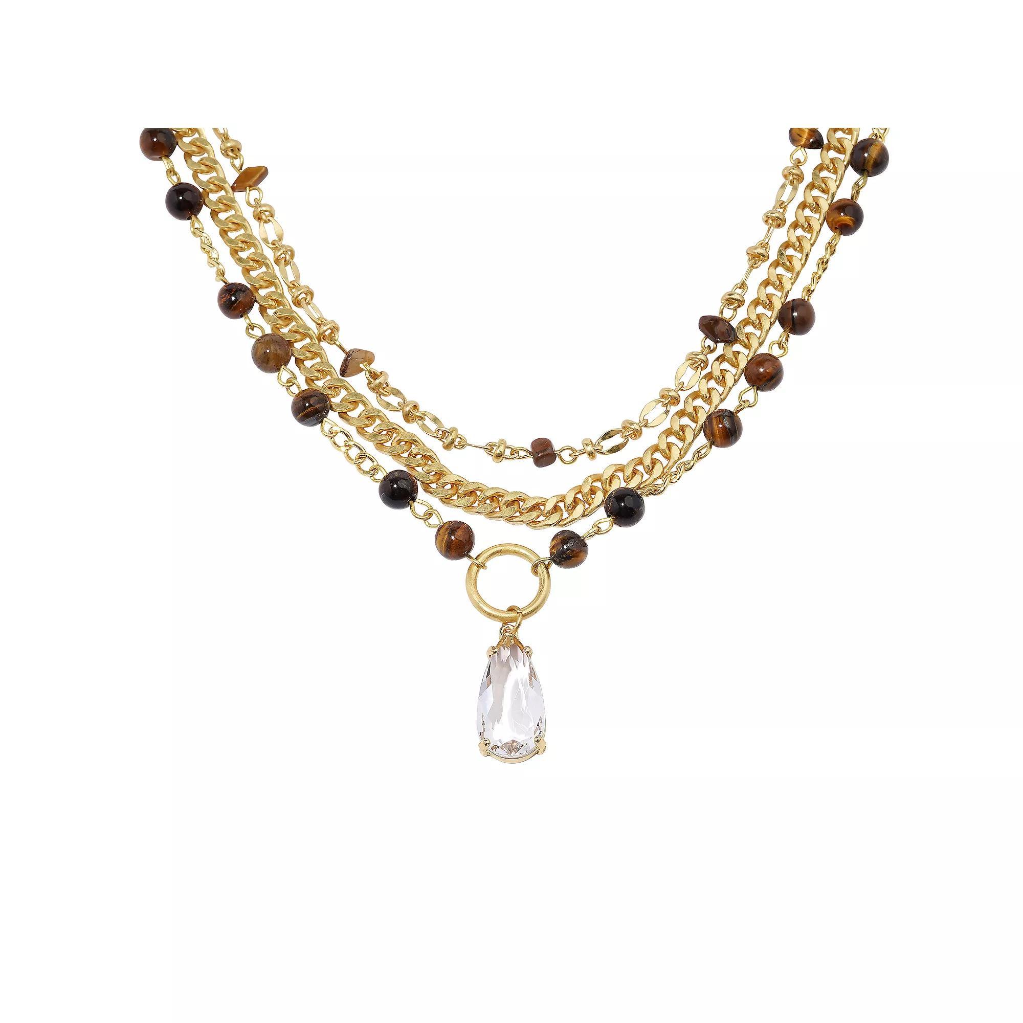 Sonoma Goods For Life Gold Tone 3-Row Beads & Crystal Teardrop Necklace, Womens, Brown Product Image