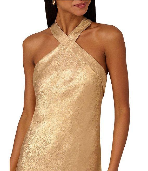 Adrianna Papell Foiled Woven Halter Neck Sleeveless Back Neck Tail Sheath Dress Product Image