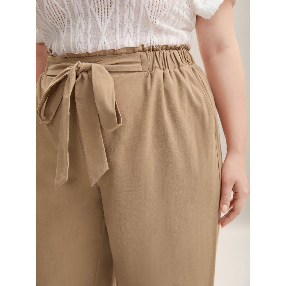 Plus Size Belted Smocked Straight-Leg Pants Women LightBrown Resort Straight Leg Mid Rise Vacation Pants BloomChic 30/6X Product Image