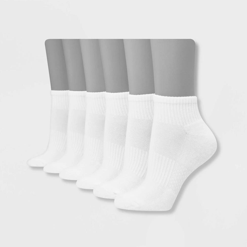 Hanes Performance Womens Extended Size Cushioned 6pk Ankle Socks - White 8-12: Moisture Wicking, Arch Support Product Image