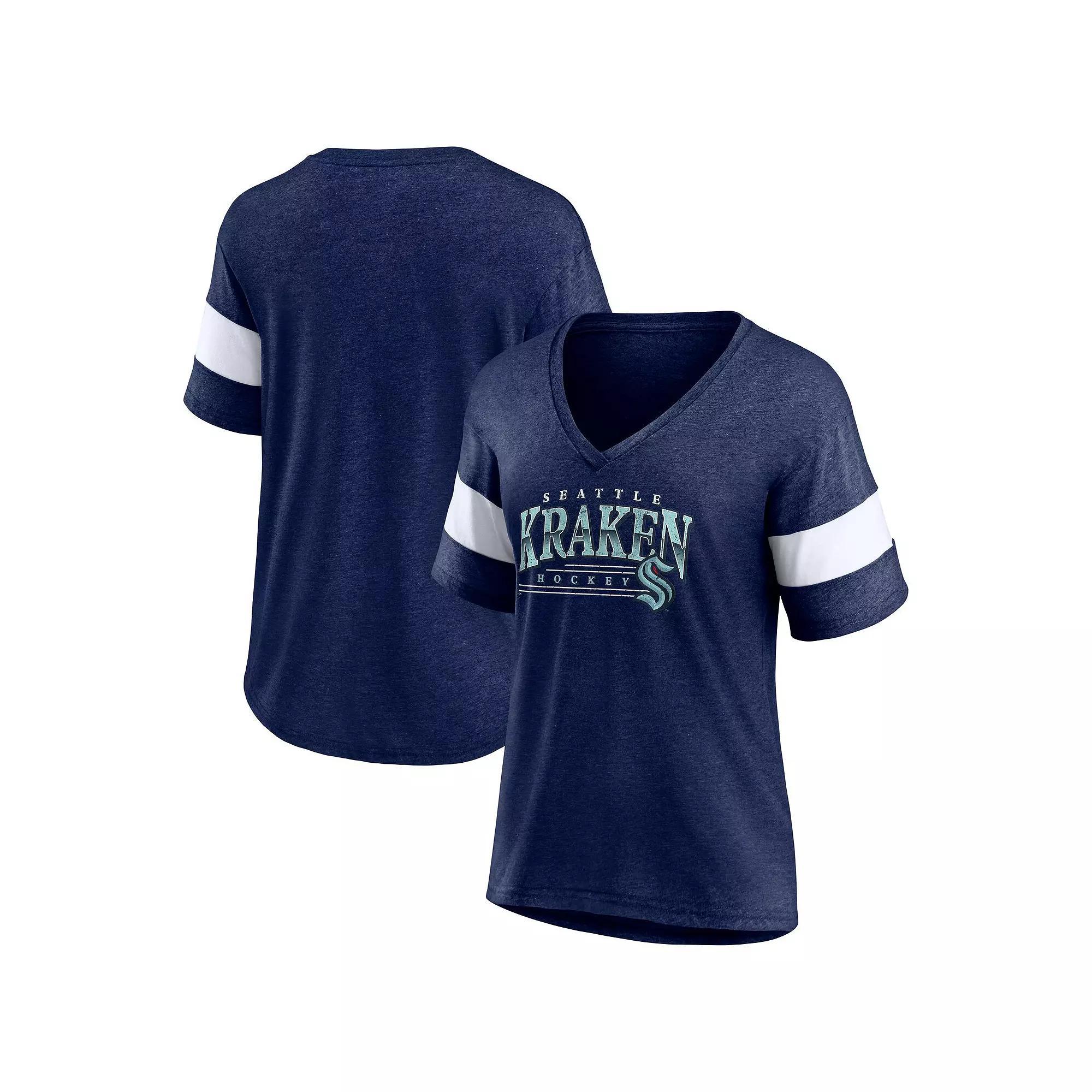 Women's Fanatics Heather Deep Sea Blue Seattle Kraken Clapper V-Neck Half-Sleeve T-Shirt, Size: Medium, Krk Blue Product Image