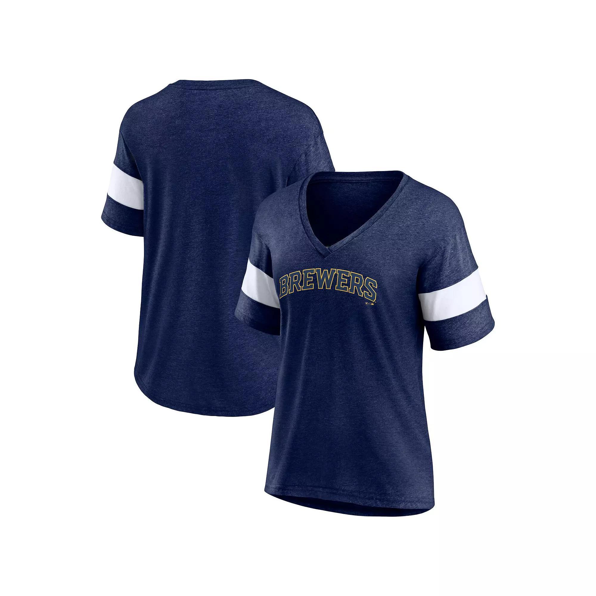 Women's Fanatics Branded Heathered Navy Milwaukee Brewers Wordmark V-Neck Tri-Blend T-Shirt, Size: Small, Blue Product Image
