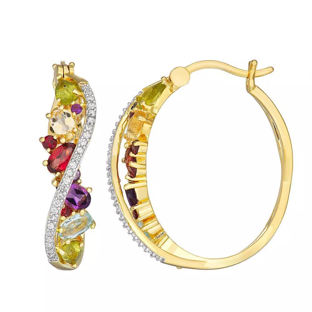 18K Gold over Sterling Silver Gemstone & 1/10 Carat T.W. Diamond Hoop Earrings, Women's, Gold Tone Product Image