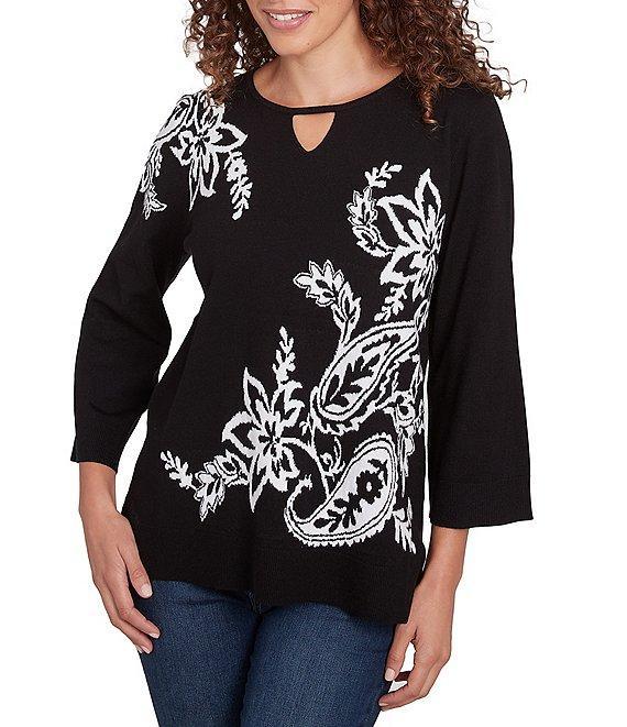 Ruby Rd. Jacquard Paisley Floral Keyhole Neck 3/4 Sleeve Sweater Product Image
