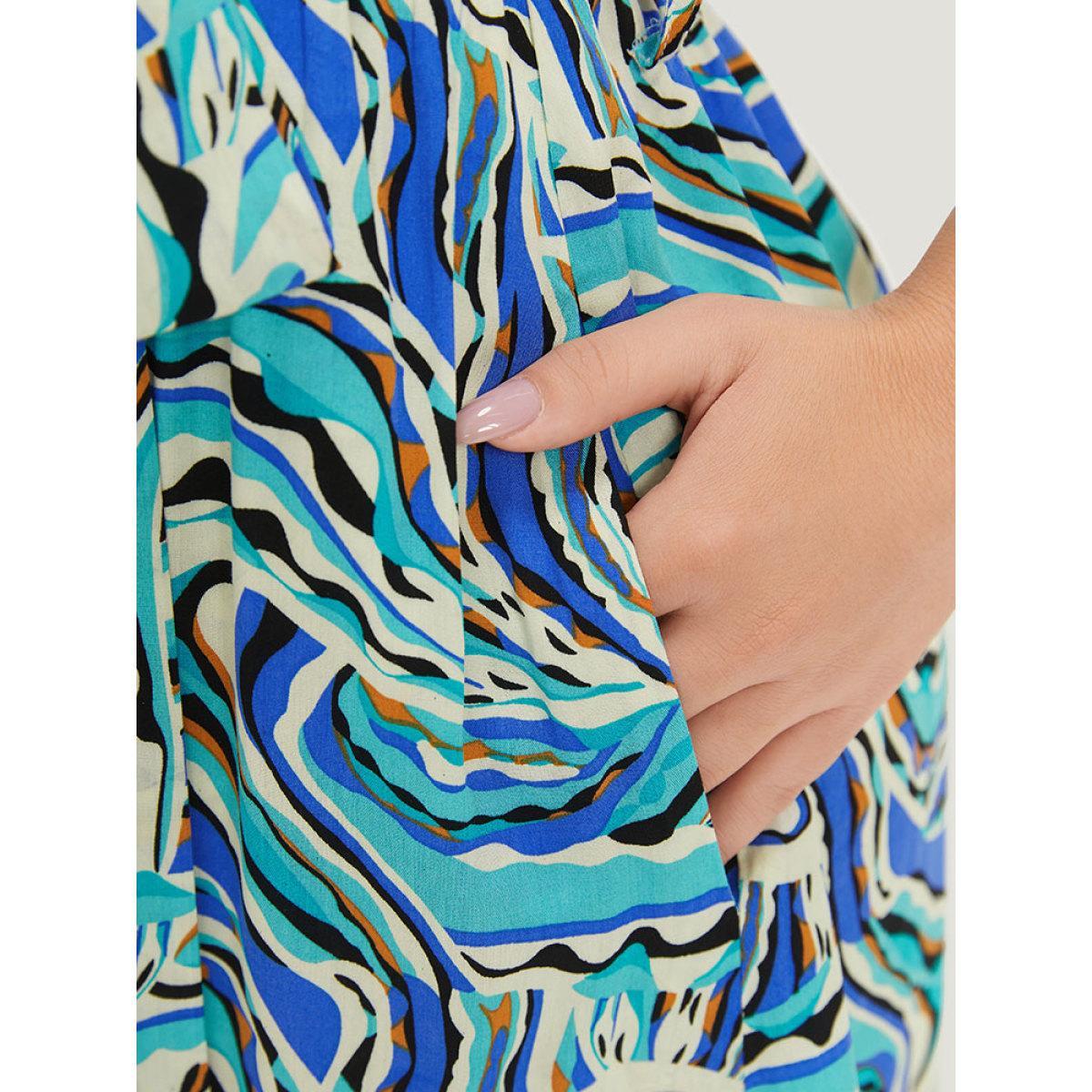Plus Size Water Ripple Print Shirred Pocket Belted Cami Dress Arctic Women Elegant Pocket Spaghetti Strap Sleeveless Curvy Knee Dress BloomChic 30/6X Product Image